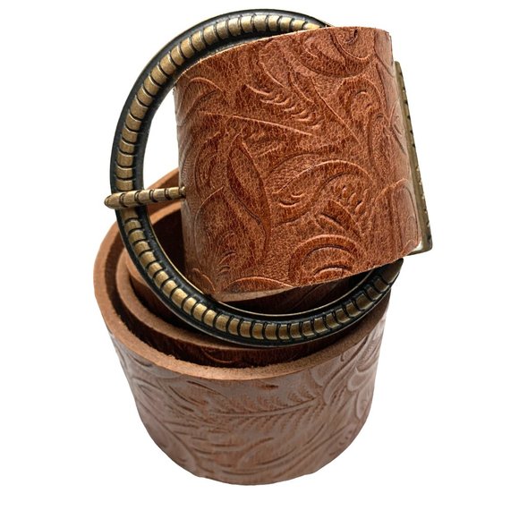 ANTONIAZZI Firenze Brown Tooled‎ Leather Wide Waist Belt - Picture 2 of 11